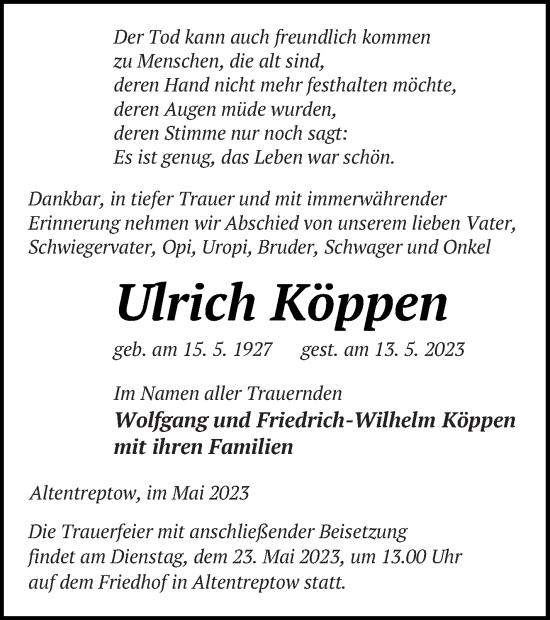 Traueranzeige von Ulrich Köppen von Neubrandenburger Zeitung