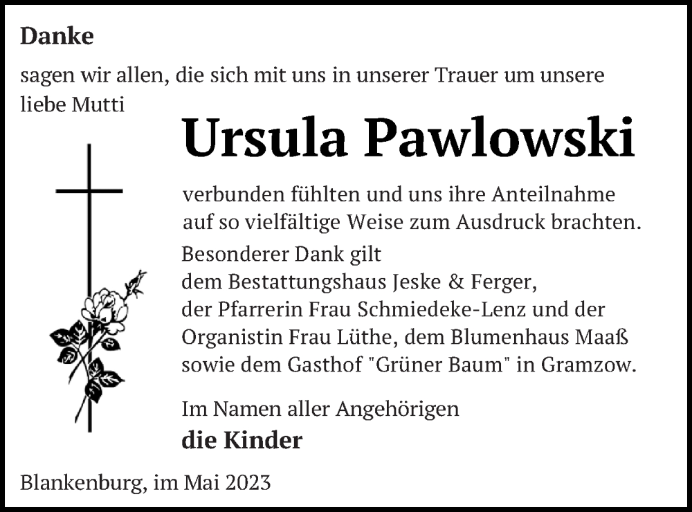  Traueranzeige für Ursula Pawlowski vom 27.05.2023 aus Prenzlauer Zeitung