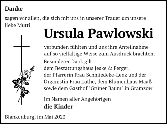 Traueranzeige von Ursula Pawlowski von Prenzlauer Zeitung