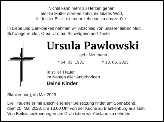 Traueranzeige von Ursula Pawlowski von Prenzlauer Zeitung