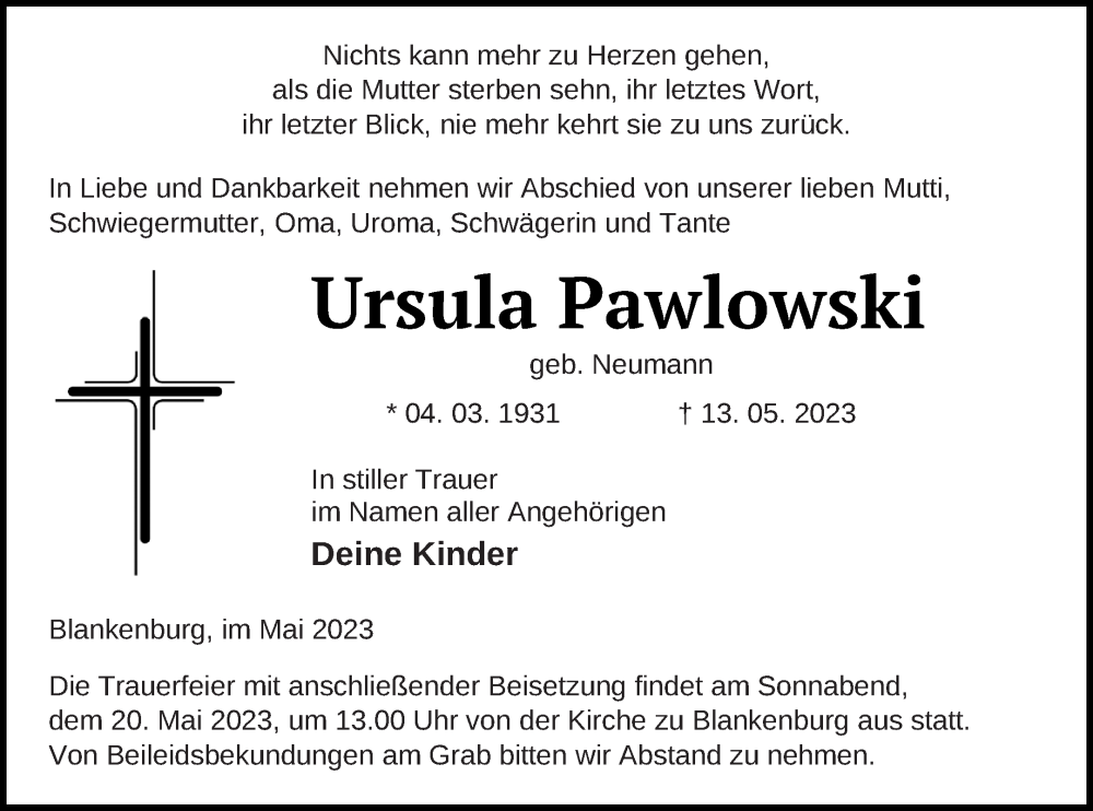  Traueranzeige für Ursula Pawlowski vom 17.05.2023 aus Prenzlauer Zeitung