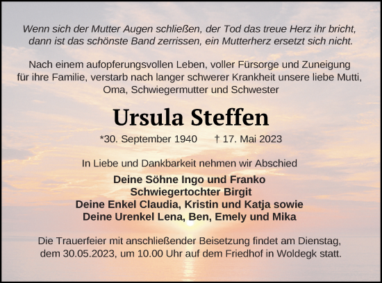 Traueranzeige von Ursula Steffen von Strelitzer Zeitung