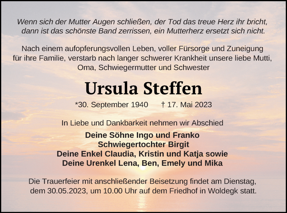  Traueranzeige für Ursula Steffen vom 24.05.2023 aus Strelitzer Zeitung
