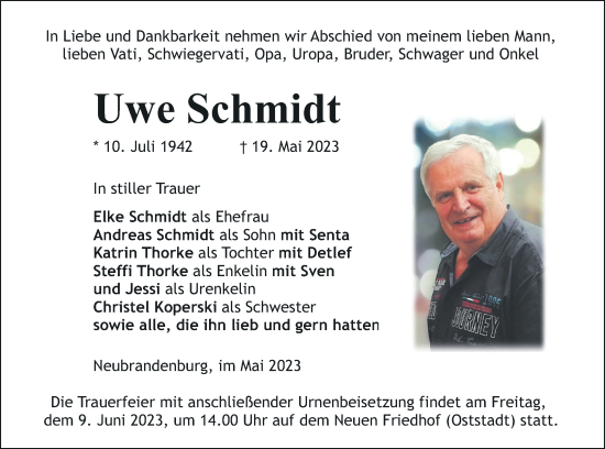 Traueranzeige von Uwe Schmidt von Neubrandenburger Zeitung