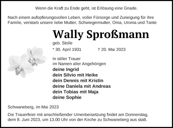 Traueranzeige von Wally Sproßmann von Prenzlauer Zeitung