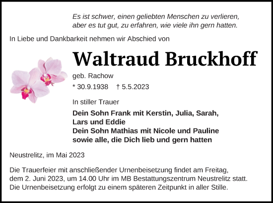 Traueranzeige von Waltraud Bruckhoff von Strelitzer Zeitung