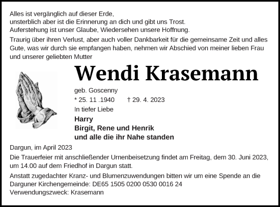 Traueranzeige von Wendi Krasemann von Mecklenburger Schweiz