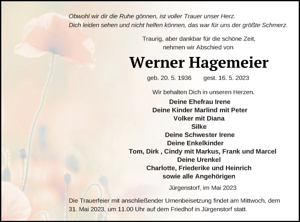  Traueranzeige für Werner Hagemeier vom 24.05.2023 aus Mecklenburger Schweiz