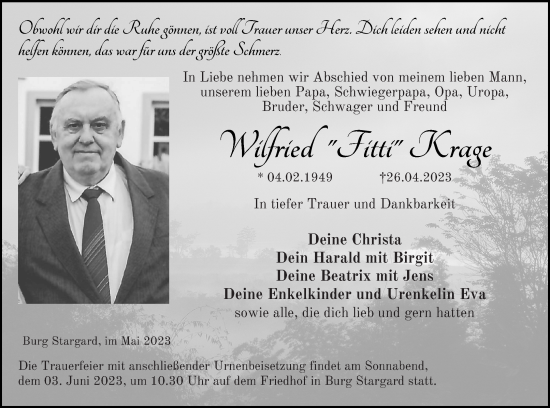 Traueranzeige von Wilfried Krage von Neubrandenburger Zeitung