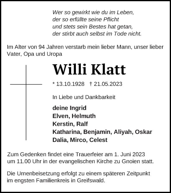 Traueranzeige von Willi Klatt von Mecklenburger Schweiz