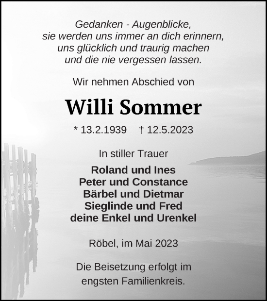 Traueranzeige von Willi Sommer von Müritz-Zeitung