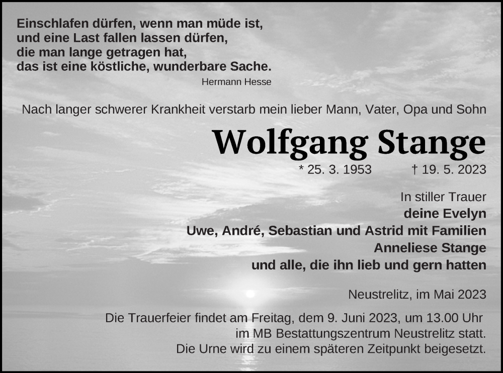  Traueranzeige für Wolfgang Stange vom 24.05.2023 aus Strelitzer Zeitung