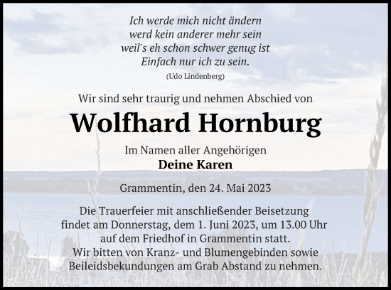 Traueranzeige von Wolfhard Hornburg von Mecklenburger Schweiz