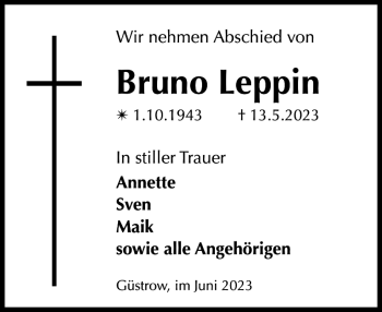 Traueranzeige von Bruno Leppin von Güstrower Zeitung