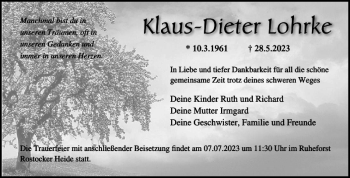 Traueranzeige von Klaus-Dieter Lohrke von Norddeutsche Neueste Nachrichten