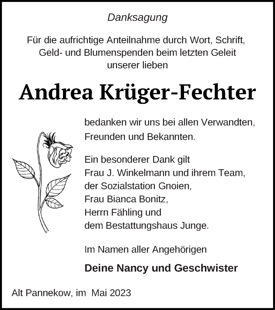  Traueranzeige für Andrea Krüger-Fechter vom 02.06.2023 aus Mecklenburger Schweiz
