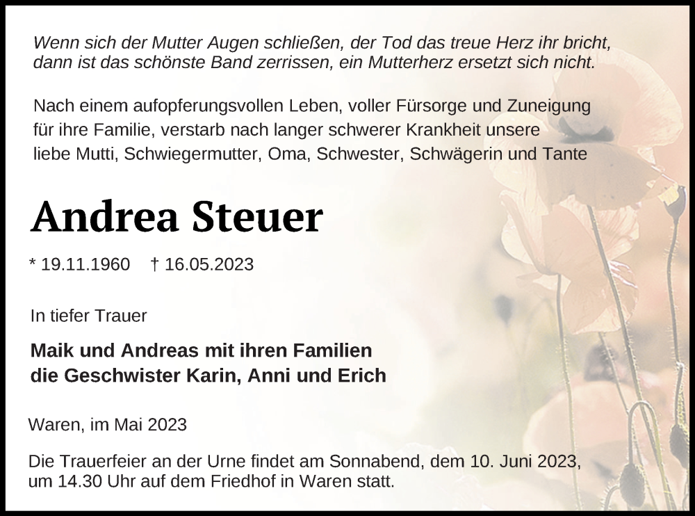  Traueranzeige für Andrea Steuer vom 02.06.2023 aus Müritz-Zeitung