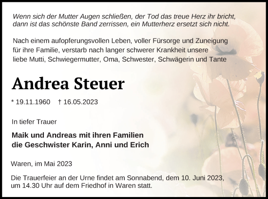 Traueranzeige von Andrea Steuer von Müritz-Zeitung