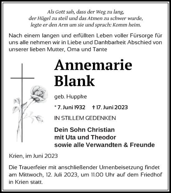 Traueranzeige von Annemarie Blank von Vorpommern Kurier