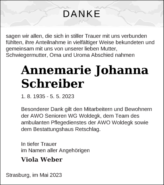 Traueranzeige von Annemarie Johanna Schreiber von Pasewalker Zeitung