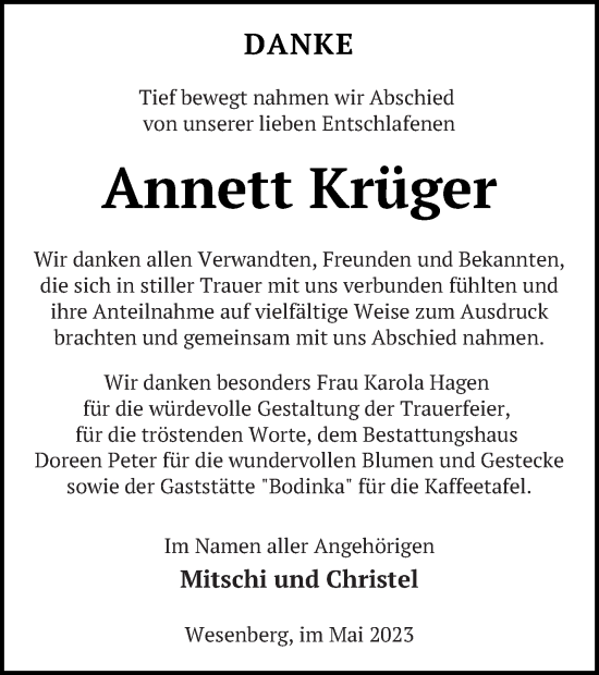 Traueranzeige von Annett Krüger von Strelitzer Zeitung