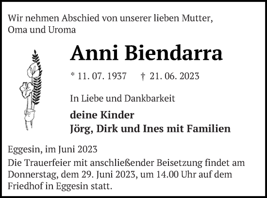 Traueranzeige von Anni Biendarra von Haff-Zeitung