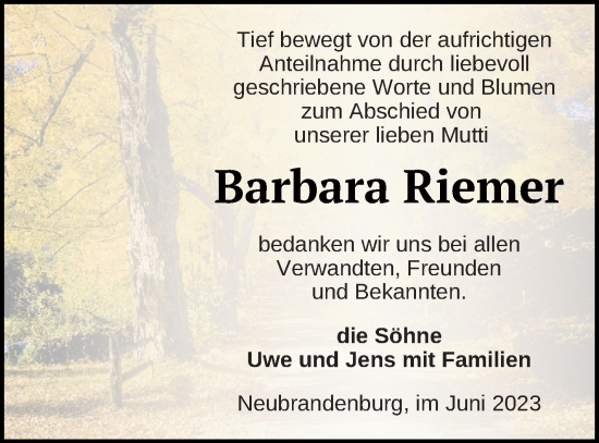 Traueranzeige von Barbara Riemer von Neubrandenburger Zeitung