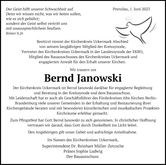 Traueranzeige von Bernd Janowski von Prenzlauer Zeitung