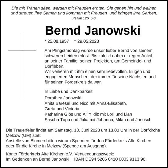 Traueranzeige von Bernd Janowski von Prenzlauer Zeitung