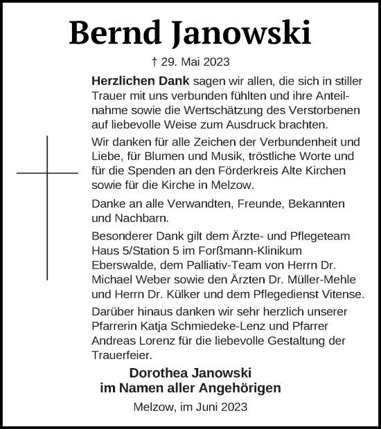 Traueranzeige von Bernd Janowski von Prenzlauer Zeitung