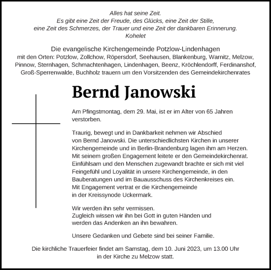 Traueranzeige von Bernd Janowski von Prenzlauer Zeitung