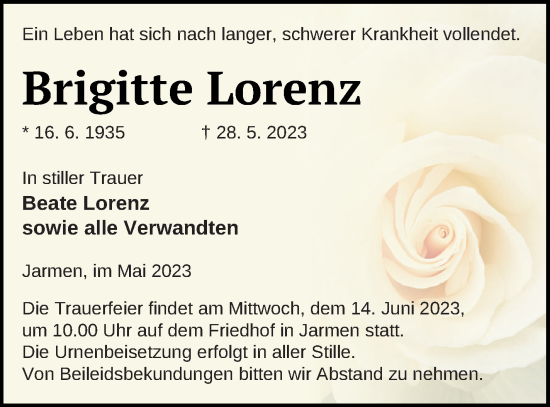 Traueranzeige von Brigitte Lorenz von Vorpommern Kurier