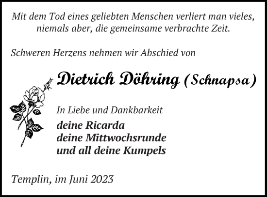 Traueranzeige von Dietrich Döhring von Templiner Zeitung