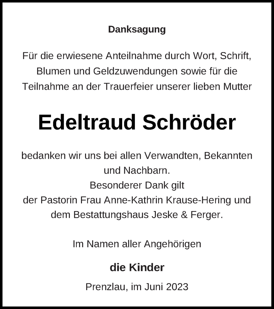  Traueranzeige für Edeltraud Schröder vom 08.06.2023 aus Prenzlauer Zeitung