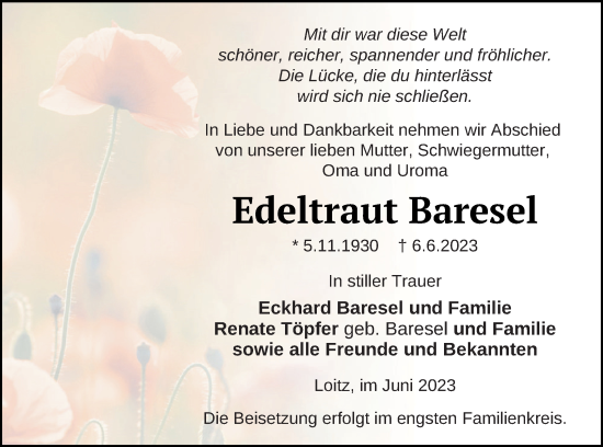 Traueranzeige von Edeltraut Baresel von Vorpommern Kurier