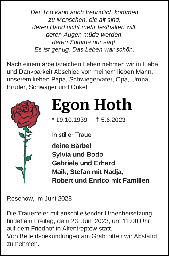 Traueranzeige von Egon Hoth von Neubrandenburger Zeitung