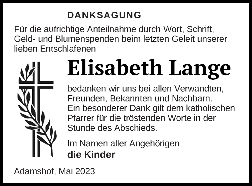  Traueranzeige für Elisabeth Lange vom 03.06.2023 aus Neubrandenburger Zeitung