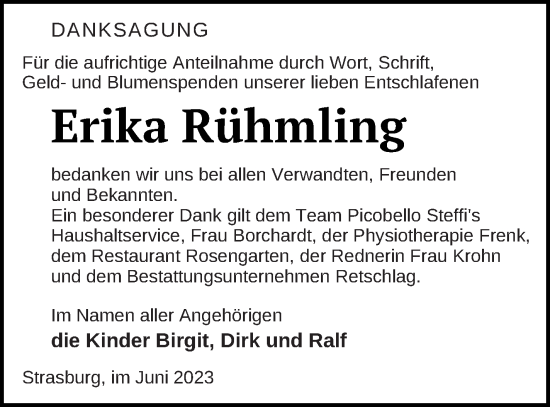 Traueranzeige von Erika Rühmling von Pasewalker Zeitung