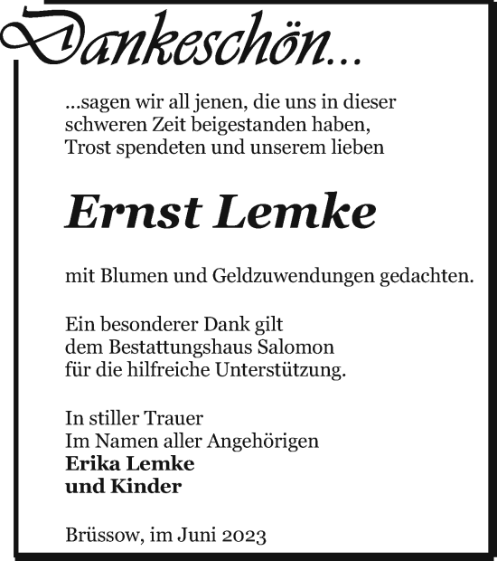 Traueranzeige von Ernst Lemke von Prenzlauer Zeitung