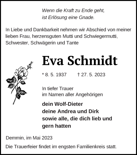 Traueranzeige von Eva Schmidt von Demminer Zeitung