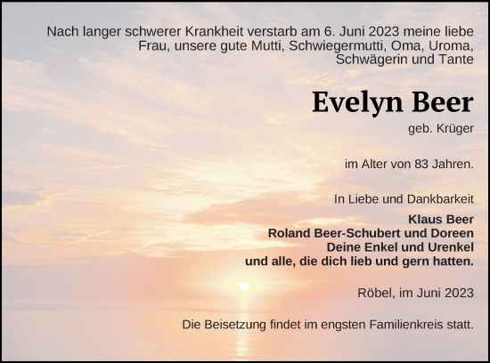 Traueranzeige von Evelyn Beer von Müritz-Zeitung