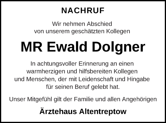 Traueranzeige von Ewald Dolgner von Neubrandenburger Zeitung