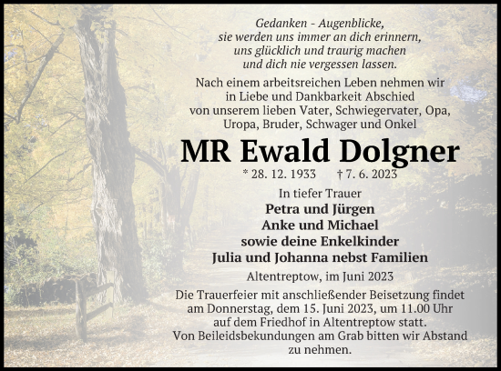 Traueranzeige von Ewald Dolgner von Neubrandenburger Zeitung