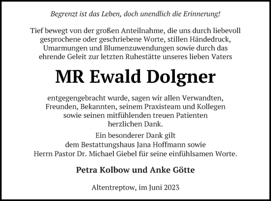 Traueranzeige von Ewald Dolgner von Neubrandenburger Zeitung