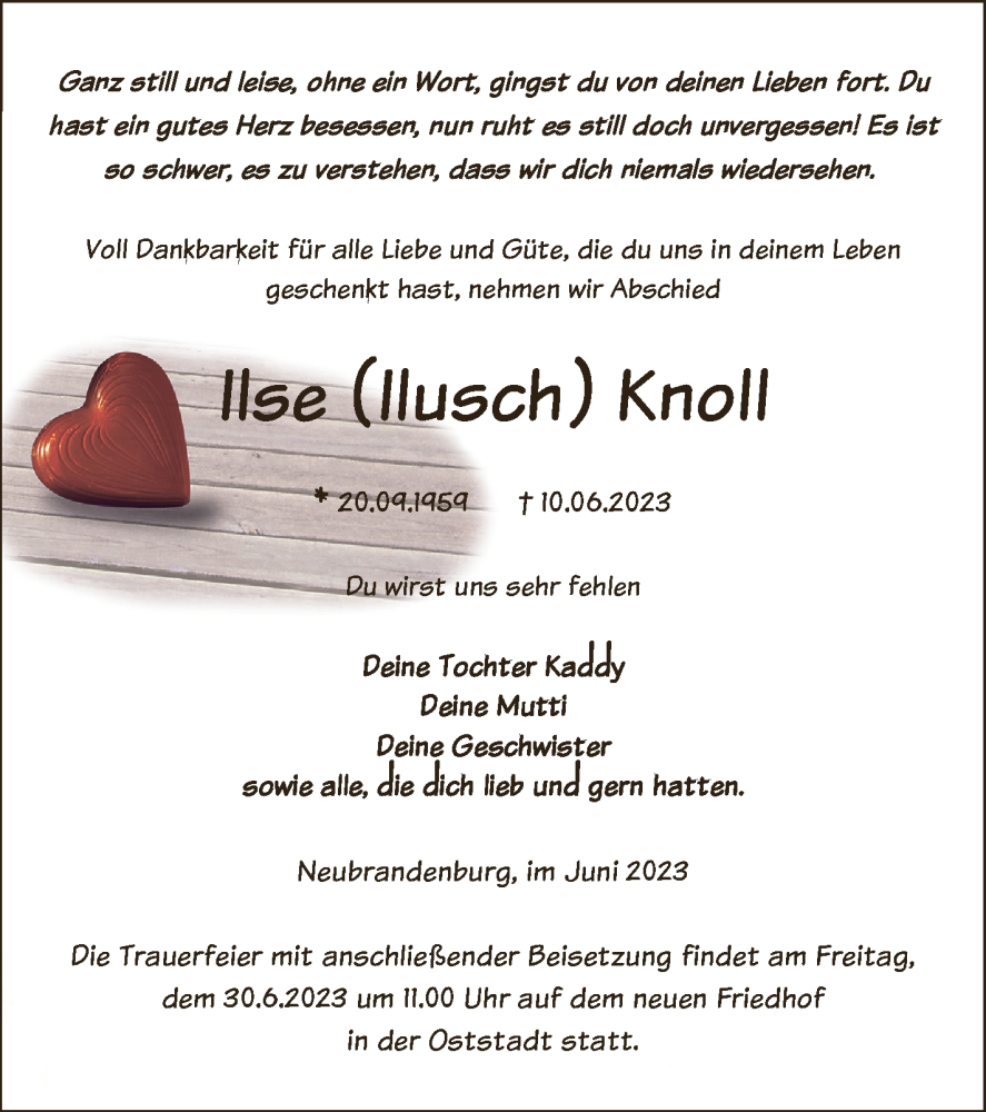  Traueranzeige für Ilse Knoll vom 17.06.2023 aus NEUBRANDENBURGER ZEITUNG