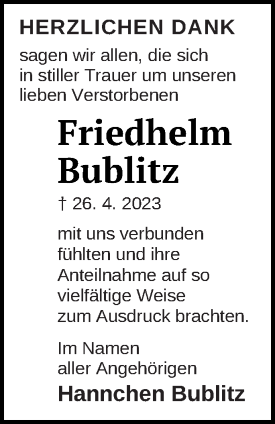 Traueranzeige von Friedhelm Bublitz von Müritz-Zeitung