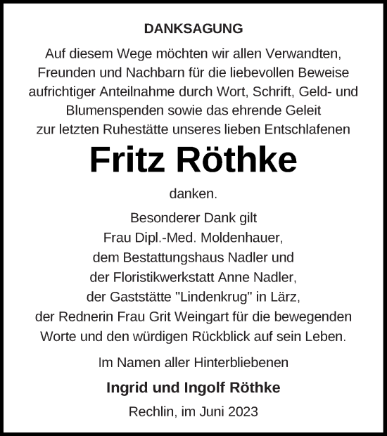 Traueranzeige von Fritz Röthke von Müritz-Zeitung