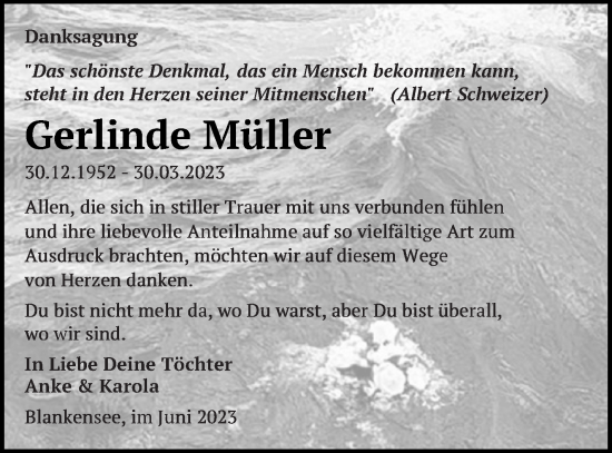 Traueranzeige von Gerlinde Müller von Strelitzer Zeitung