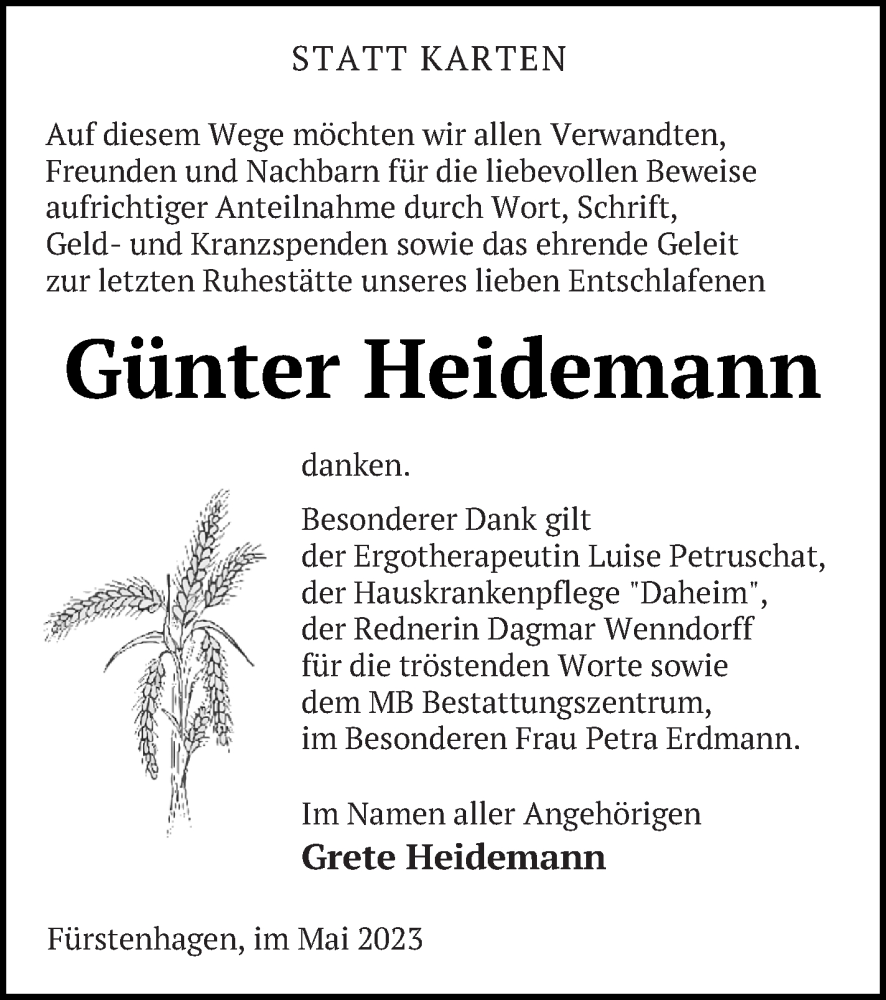  Traueranzeige für Günter Heidemann vom 03.06.2023 aus Strelitzer Zeitung