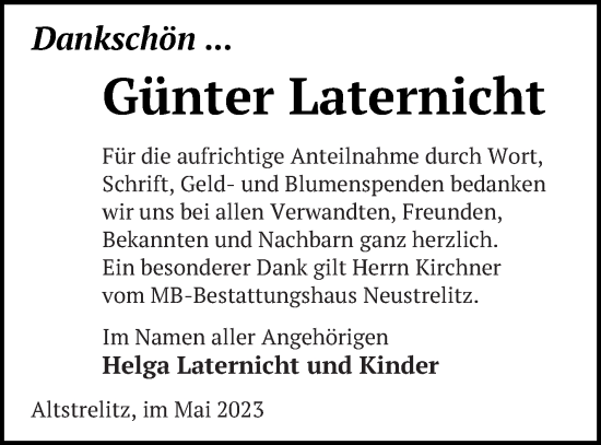 Traueranzeige von Günter Laternicht von Strelitzer Zeitung